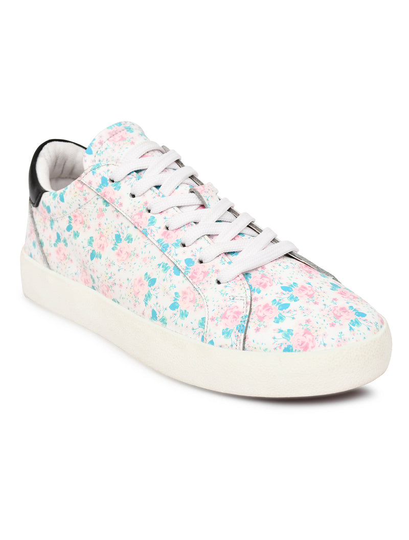 EZRO Women White Floral Lace-Up Sneakers