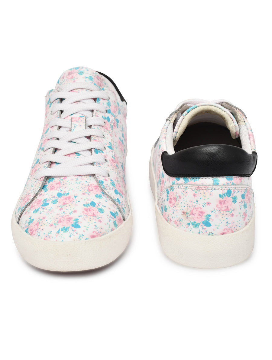 EZRO Women White Floral Lace-Up Sneakers