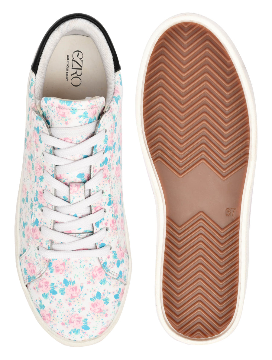EZRO Women White Floral Lace-Up Sneakers