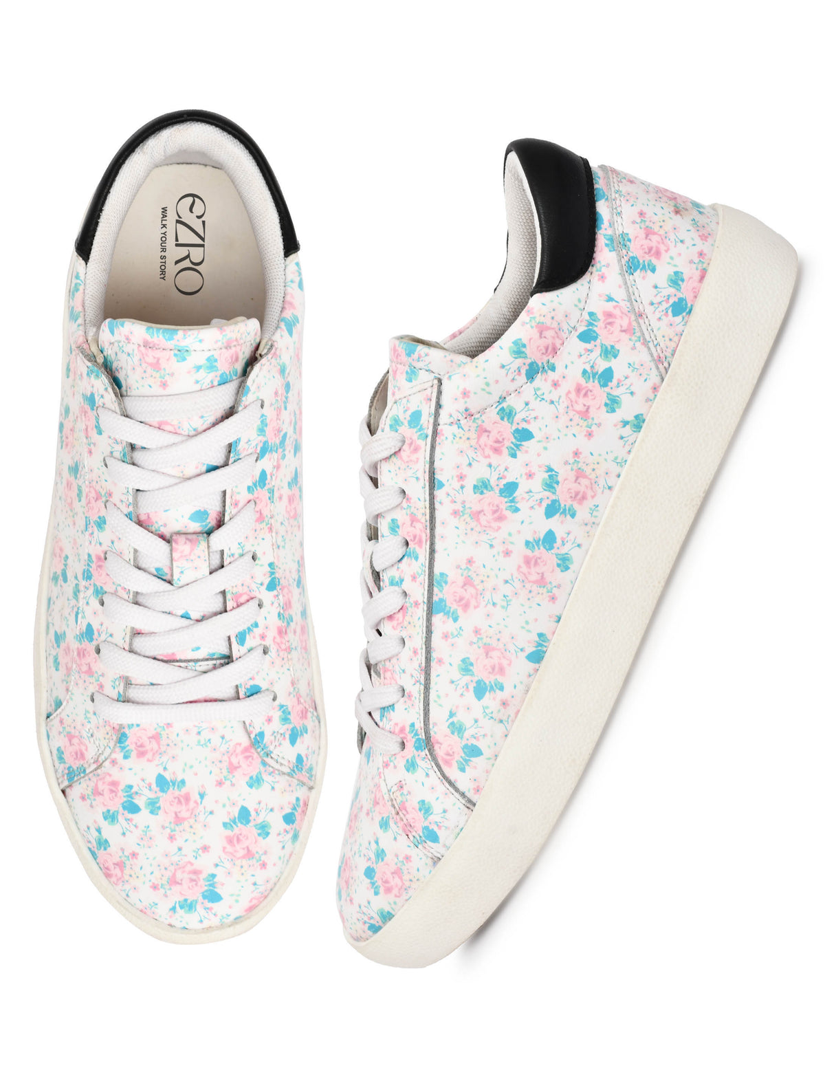 EZRO Women White Floral Lace-Up Sneakers