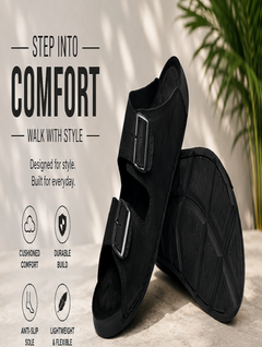 EZRO Men Black Adjustable Double Buckle Comfort Slippers | Casual Open-Toe Slip-On Sandals