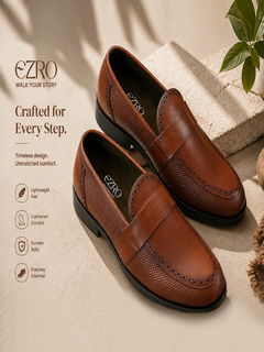 EZRO Men Tan Slip-On Formal Loafers – Textured Office & Dress Shoes